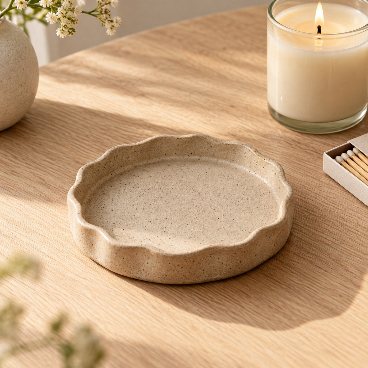 Sandstone Scallop Candle Tray — primary lifestyle scene